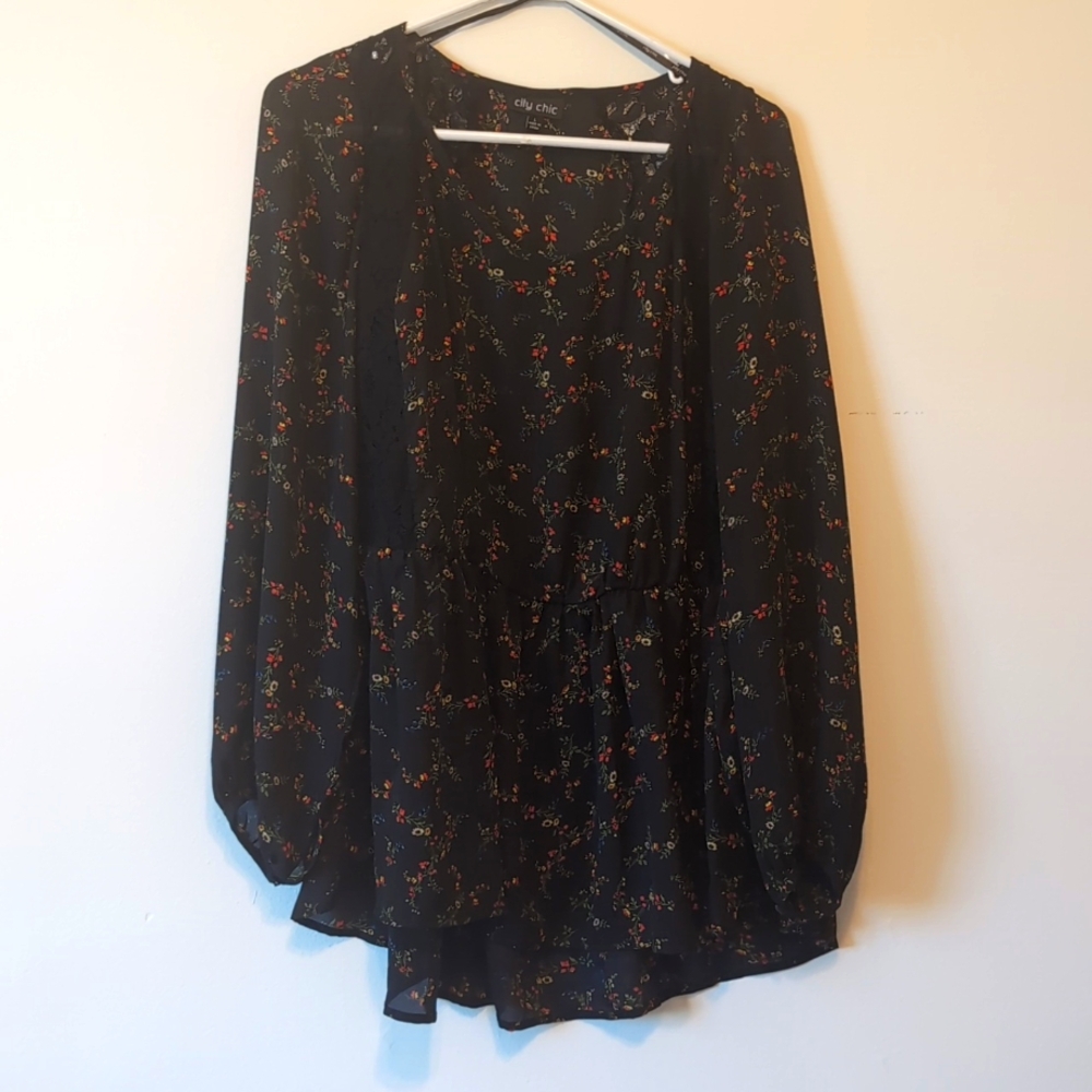 City Chic Belted Floral Top With Lace - 20